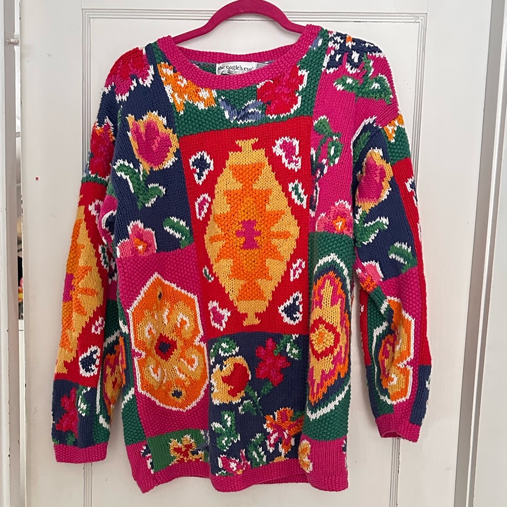 Eagle’s Eye 80s Vintage Pink and Yellow Crew Neck Sweater Eclectic Pattern